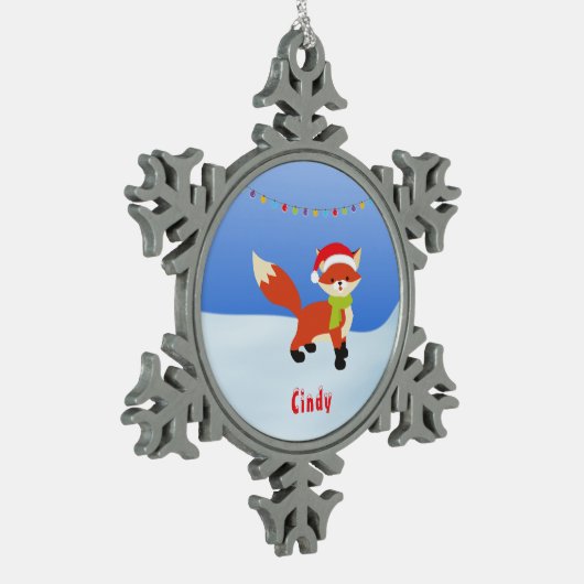 Cute Snowy Fox in Santa Hat Tin Sneeuwvlok Ornament (Links)