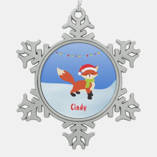 Cute Snowy Fox in Santa Hat Tin Sneeuwvlok Ornament (Voorkant)