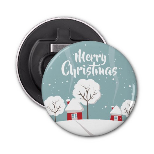 Cute Snowy Houses and Trees Kerstmis Button Flesopener (Voorkant)