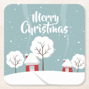 Cute Snowy Houses and Trees Kerstmis Kartonnen Onderzetters
