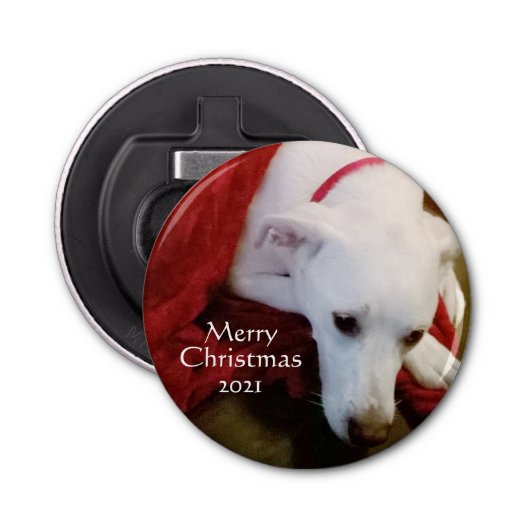 Cute Snowy White Puppy Dog Red Kerstmis Button Flesopener (Voorkant)