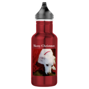 Cute Snowy White Puppy Dog Red Kerstmis Waterfles
