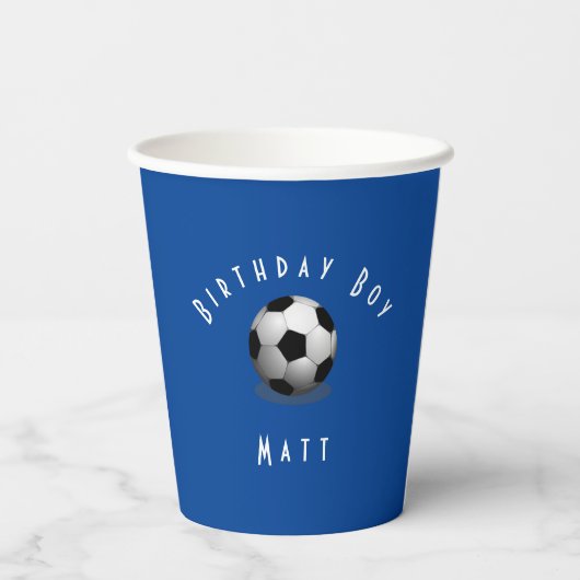 Cute Soccer Birthday Boy Blue and White Papieren Bekers (Achterkant)