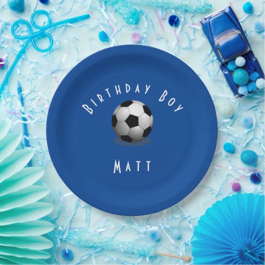 Cute Soccer Birthday Boy Blue and White Papieren Bordje (Feest)