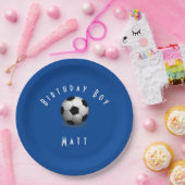 Cute Soccer Birthday Boy Blue and White Papieren Bordje (Feest)