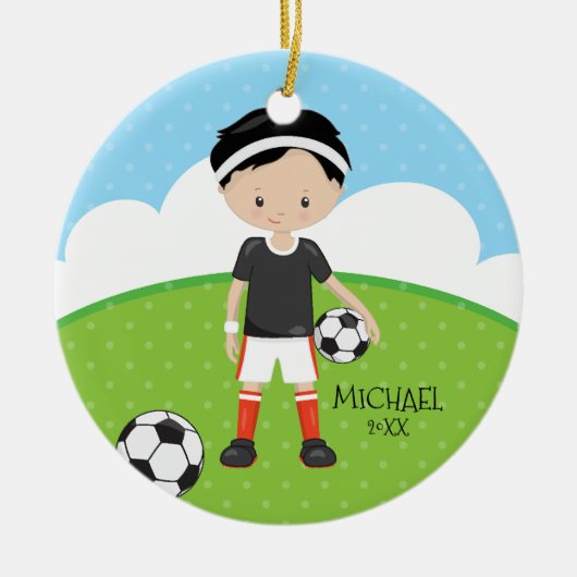 Cute Soccer Player Persoonlijke datum van Kerstmis Keramisch Ornament (Voorkant)