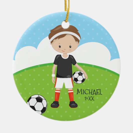 Cute Soccer Player Persoonlijke datum van Kerstmis Keramisch Ornament (Voorkant)
