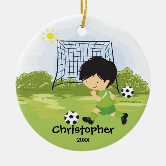 Cute Soccer Player Sport Kerstversier Keramisch Ornament (Voorkant)