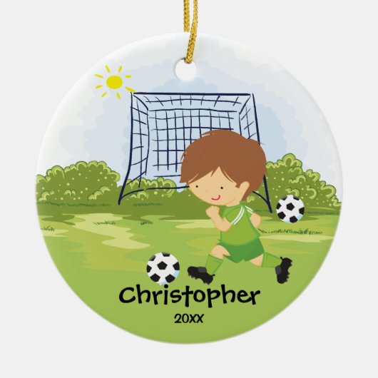 Cute Soccer Player Sport Kerstversier Keramisch Ornament (Voorkant)