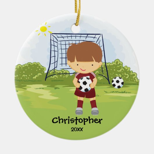 Cute Soccer Player Sport Kerstversier Keramisch Ornament (Voorkant)