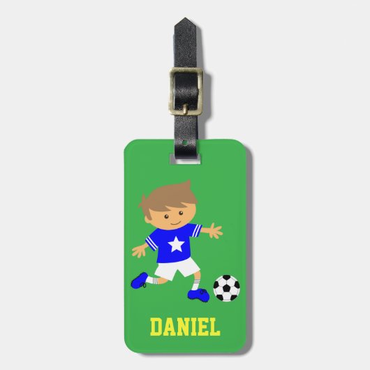Cute Soccer Star Boy, Football Theme Bagagelabel (Voorkant verticaal)
