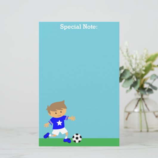 Cute Soccer Star Boy, Football Theme Briefpapier (Staand voorkant)
