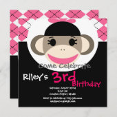 Cute Sock Monkey Birthday Invitations Pink Argyle Kaart (Voorkant / Achterkant)