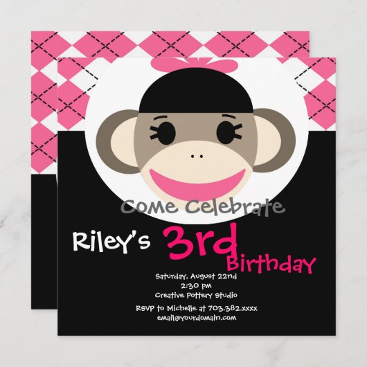 Cute Sock Monkey Birthday Invitations Pink Argyle Kaart (Voorkant / Achterkant)
