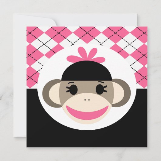 Cute Sock Monkey Birthday Invitations Pink Argyle Kaart (Achterkant)