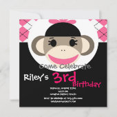 Cute Sock Monkey Birthday Invitations Pink Argyle Kaart (Voorkant)
