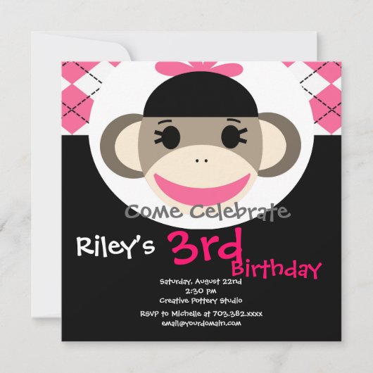 Cute Sock Monkey Birthday Invitations Pink Argyle Kaart (Voorkant)