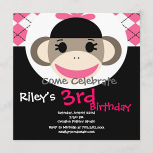 Cute Sock Monkey Birthday Invitations Pink Argyle Kaart