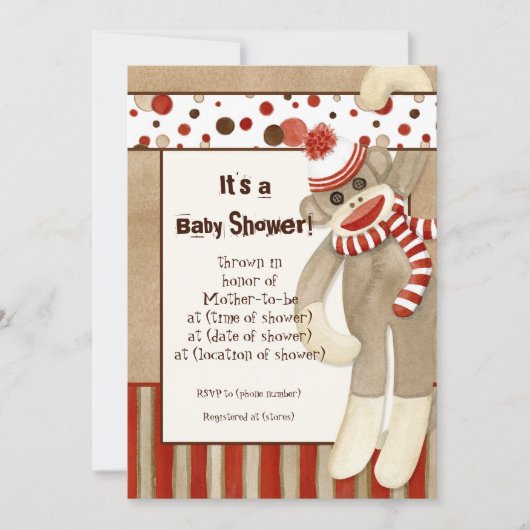 Cute Sock Monkey, Boy Baby shower Red Invitation Kaart (Voorkant)