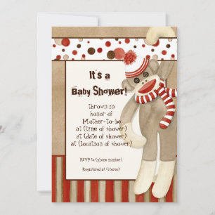 Cute Sock Monkey, Boy Baby shower Red Invitation Kaart