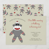 Cute Sock Monkey met hart 1ste verjaardag Kaart (Voorkant / Achterkant)