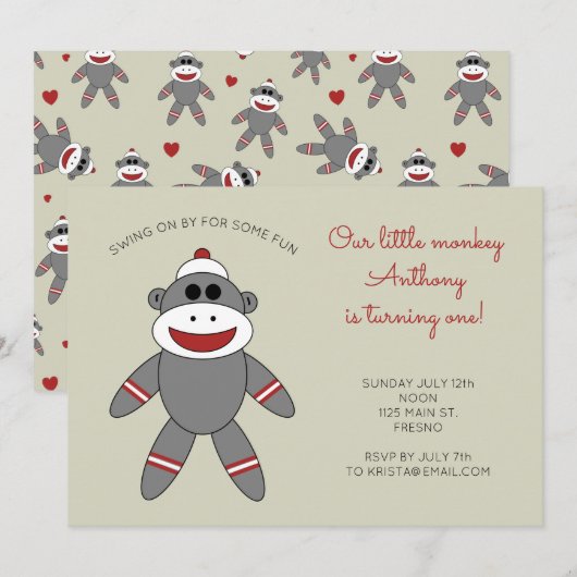 Cute Sock Monkey met hart 1ste verjaardag Kaart (Voorkant / Achterkant)