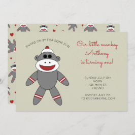 Cute Sock Monkey met hart 1ste verjaardag Kaart