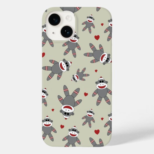 Cute Sock Monkey met hartpatroon op Tan Case-Mate iPhone Case (Achterkant)