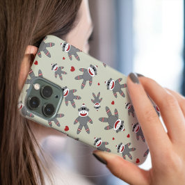 Cute Sock Monkey met hartpatroon op Tan Case-Mate iPhone 14 Hoesje