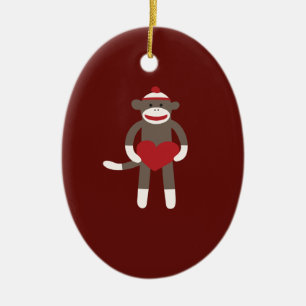Cute Sock Monkey met Pet Holding Heart Keramisch Ornament