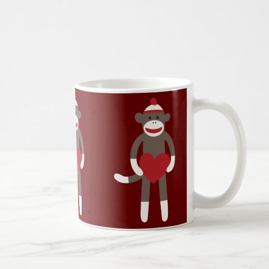 Cute Sock Monkey met Pet Holding Heart Koffiemok (Rechts)