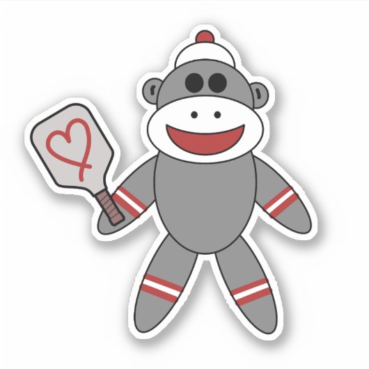 Cute Sock Monkey met Pickleball Paddle Sticker (Voorkant)