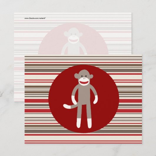 Cute Sock Monkey op rode cirkel rode bruine strepe Briefkaart (Voorkant / Achterkant)