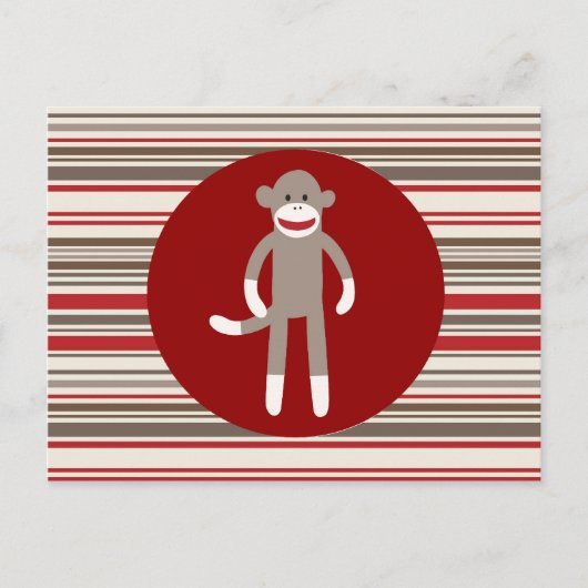 Cute Sock Monkey op rode cirkel rode bruine strepe Briefkaart (Voorkant)