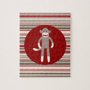 Cute Sock Monkey op rode cirkel rode bruine strepe Legpuzzel