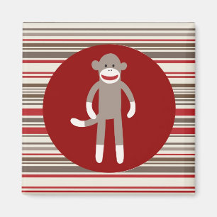 Cute Sock Monkey op rode cirkel rode bruine strepe Magneet