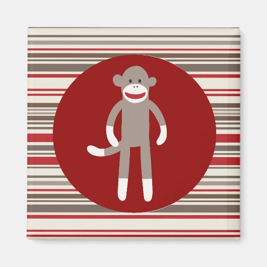 Cute Sock Monkey op rode cirkel rode bruine strepe Magneet (Voorkant)