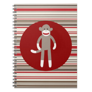 Cute Sock Monkey op rode cirkel rode bruine strepe Notitieboek