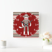 Cute Sock Monkey op rode cirkel rode bruine strepe Vierkante Klok (Huis)