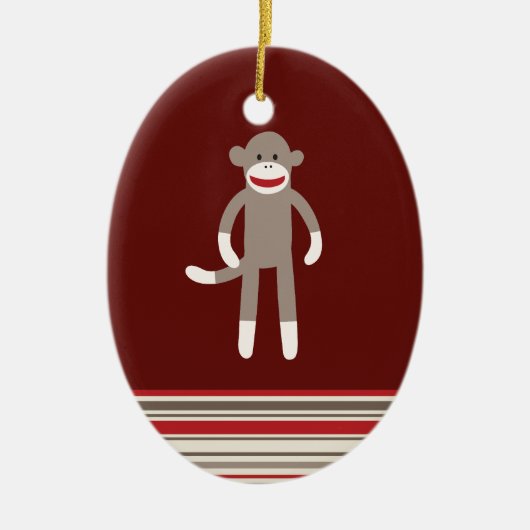Cute Sock Monkey op rood met strepen Keramisch Ornament (Voorkant)