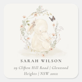 Cute Soft Baby mum Bunny Floral Wreataddress Vierkante Sticker