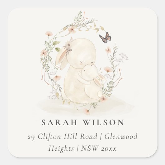 Cute Soft Baby mum Bunny Floral Wreataddress Vierkante Sticker (Voorkant)