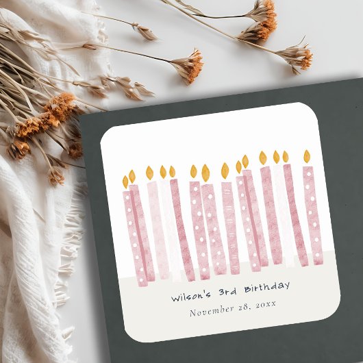 Cute Soft Pastel Pink Waterverf Birthday Kandels Vierkante Sticker