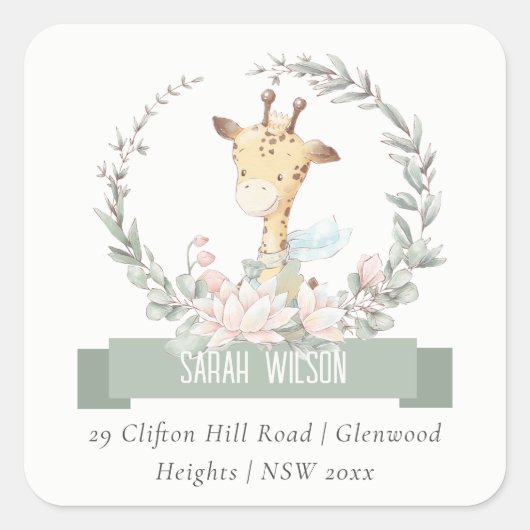 Cute Soft Safari Giraffe Floral Wreataddress Vierkante Sticker (Voorkant)