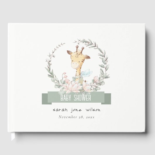 Cute Soft Safari Giraffe Floral Wreatal Baby showe Gastenboek (Voorkant)