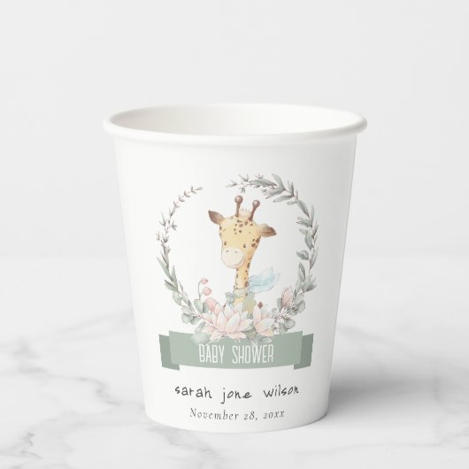 Cute Soft Safari Giraffe Floral Wreatal Baby showe Papieren Bekers (Achterkant)