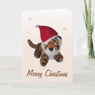 Cute Soft Speelgoed Tiger in Santa Hat Merry Kerst Feestdagen Kaart