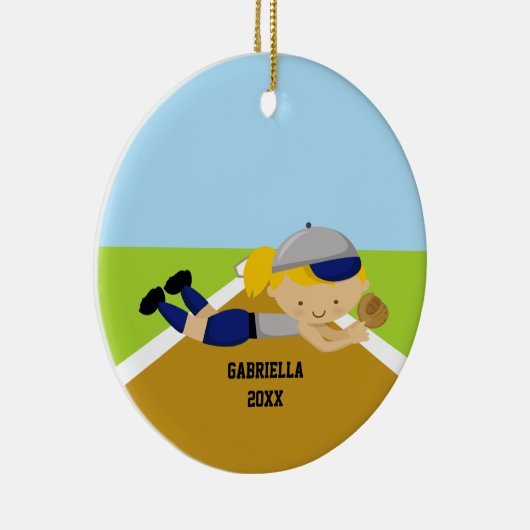 Cute Softball Player in Blue & Grey Ornament (Rechts)