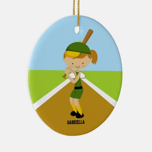 Cute Softball Player in Green & Yellow Ornament (Rechts)