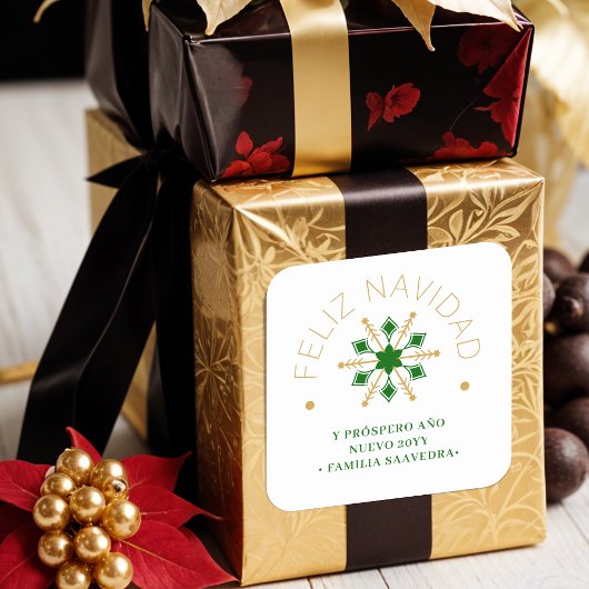 Cute Sophisticated Gold & Green Snowflake Spanish Vierkante Sticker